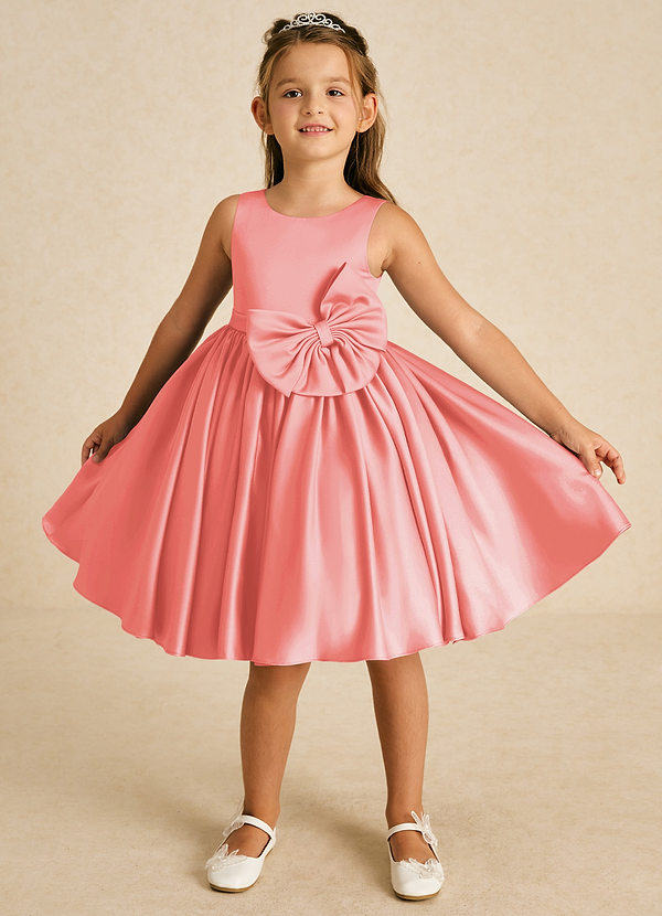 Azazie Apple Flower Girl Dresses Coral A-Line Bow Matte Satin Dress image1