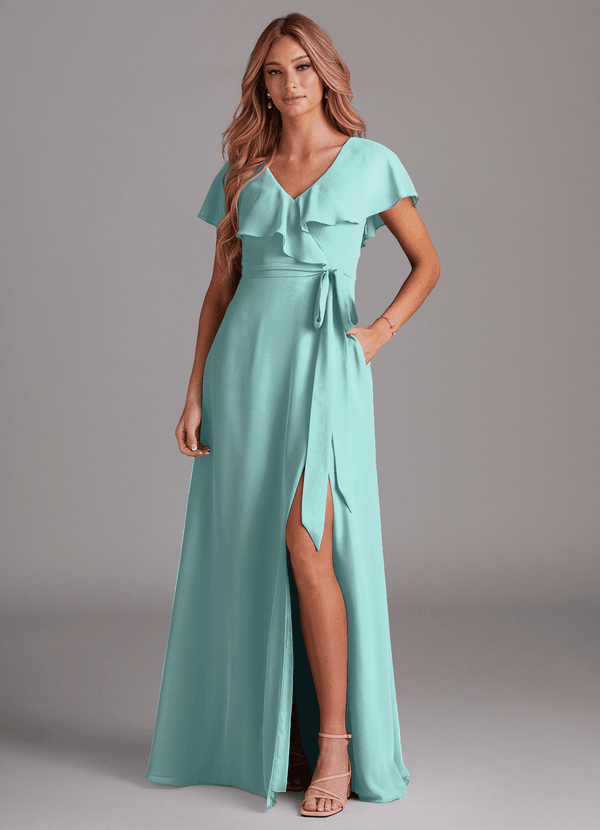 Azazie Lainey Bridesmaid Dresses Aqua A-Line with Pockets Chiffon Dress image1