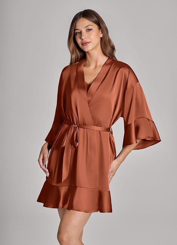 front Matching Color 2-Piece Ruffle Satin Robe and Slip Set