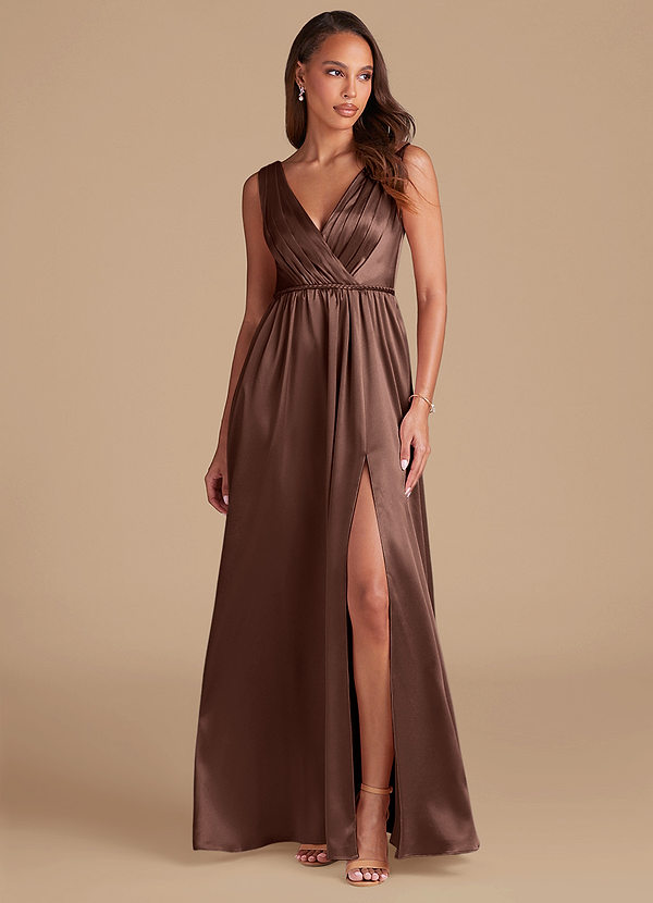 Azazie Tanicia Brautjungfernkleider A-Linie Plissee Metallischer Satin Kleid Espresso image1
