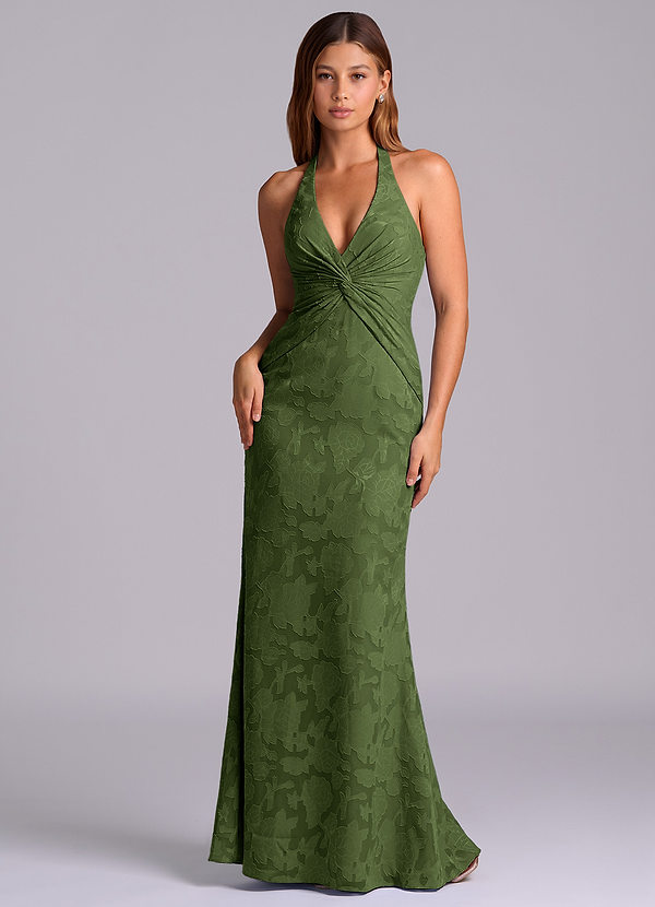 Azazie Valerie 신부 들러리 드레스 인어 주름진 플로럴 번아웃 바닥 길이 드레스 image1