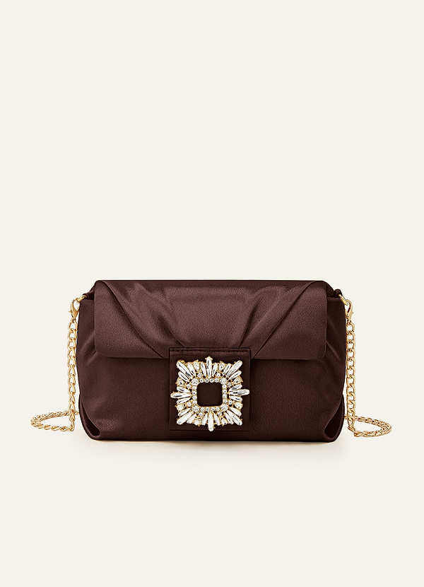 front Bolso de mano de satén elástico a juego con hebilla cuadrada de pedrería.