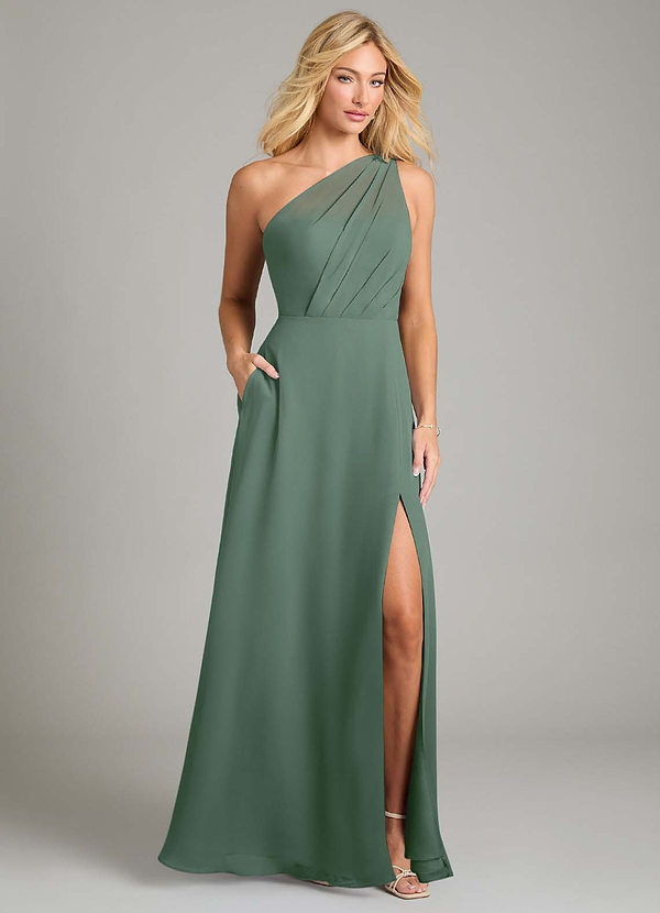Azazie Phaedra Bruidsmeisjes Jurken Jurk van Chiffon met A-Lijn One-Shoulder Eucalyptus image1