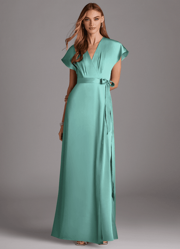 Azazie Nico Bridesmaid Dresses Aqua A-Line V-Neck Stretch Satin Dress image1