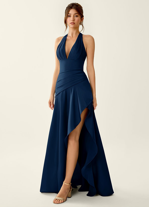 Titania Navy Satin V-neck Ruffled Prom Dress image1