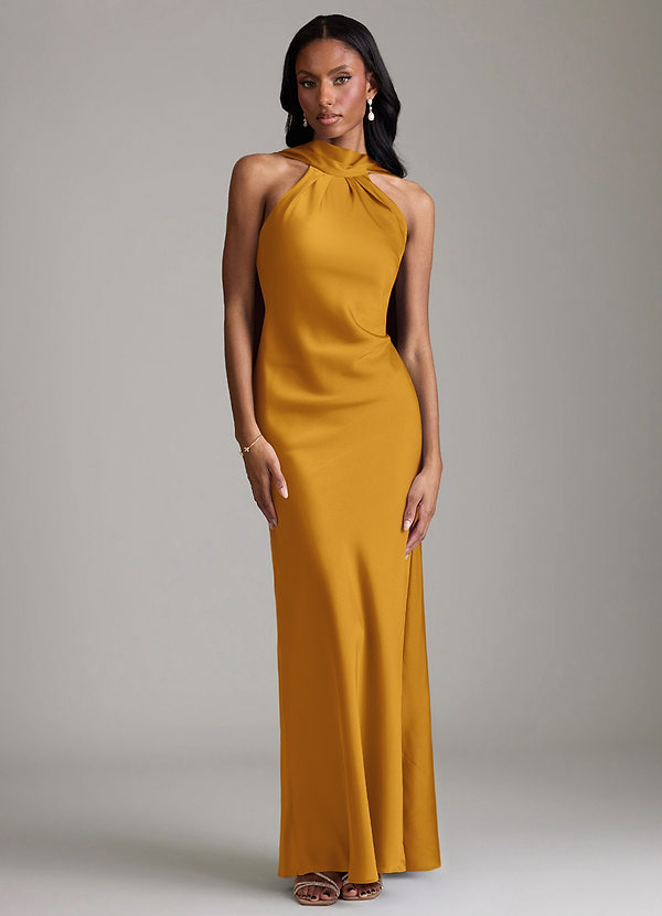 Azazie Cassiana Bruidsmeisjes Jurken Jurk van Stretch Satijn met Zeemeermin Geplooid Boterbabbelaar image1