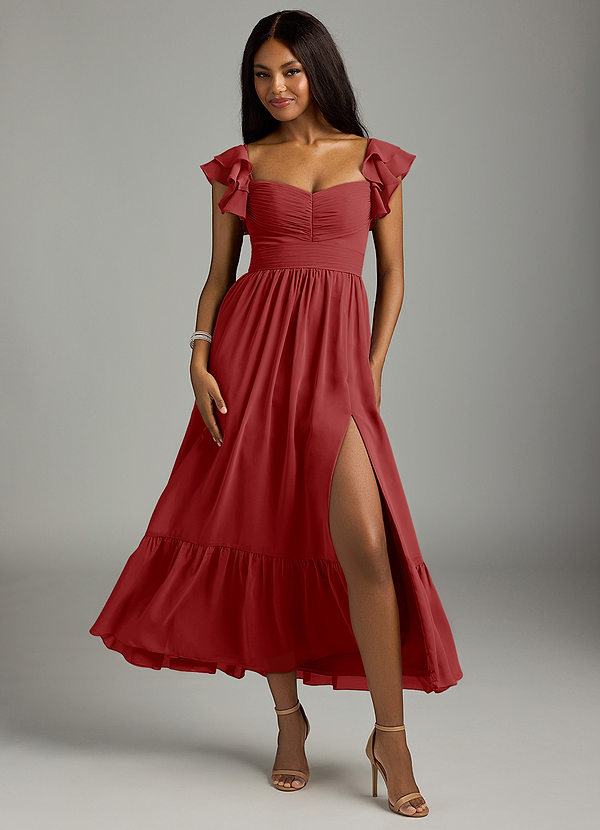 Azazie Anaya Bridesmaid Dresses Rust A-Line Pleated Chiffon Dress image1