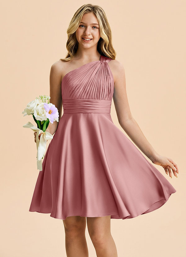 Azazie Charlize Junior Vestido Rosa Polvorienta de Satén Elástico de Corte en A con Plisado image1