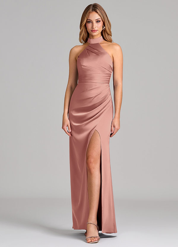 Azazie Karlotta Bruidsmeisjes Jurken Jurk van Stretch Satijn met Kolom Geplooid Rozet image1