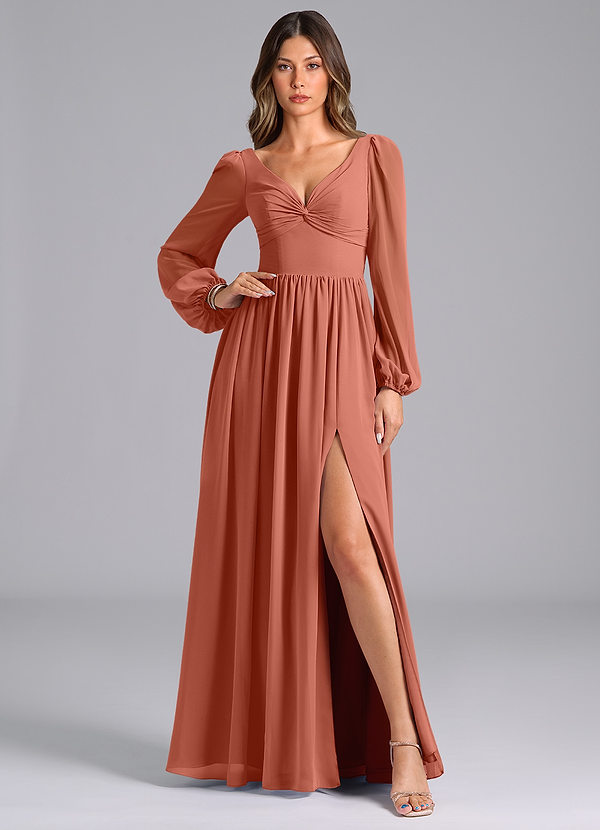 Azazie Teri Bridesmaid Dresses Clay A-Line Long Sleeve Chiffon Dress image1