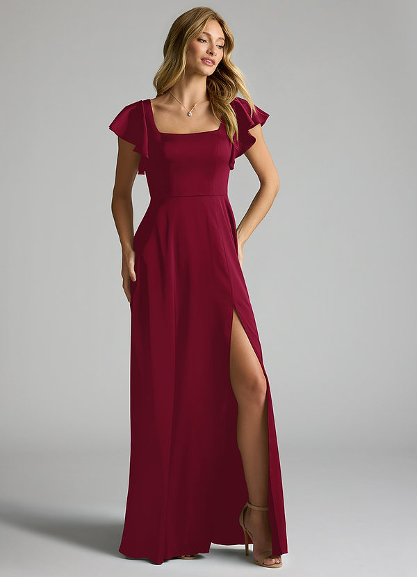 Azazie Bondi Bridesmaid Dresses Burgundy A-Line Bow Stretch Satin Dress image1