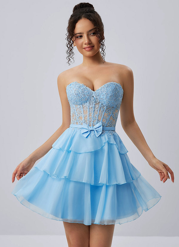 Aurelianna Himmelblau Minikleid aus Chiffon mit Spitzenbesatz, Strassrüschen und Korsettmuster image1