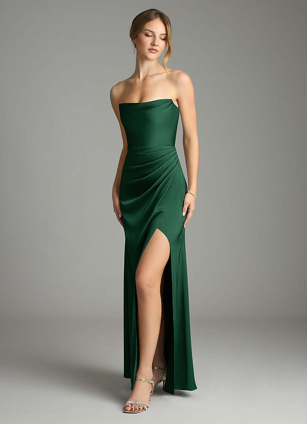 Azazie Leonis Bridesmaid Dresses Dark Green Mermaid Pleated Stretch Satin Convertible Dress image1