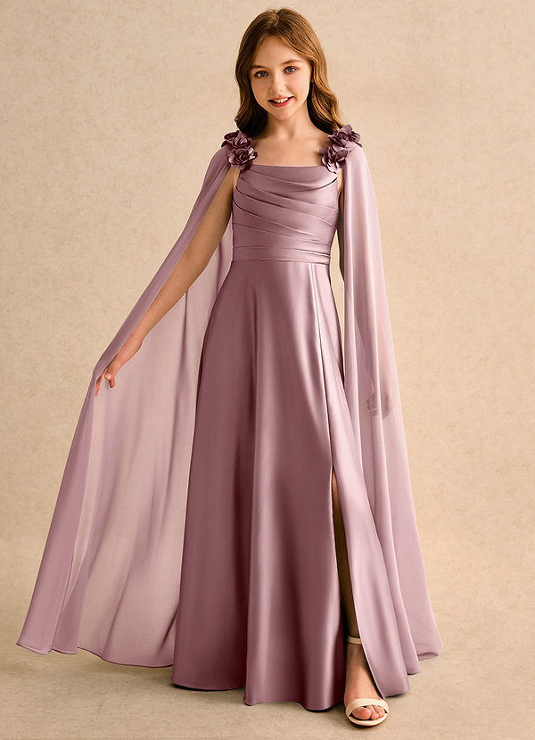 Azazie Rosita Junior Formal Robes de Fillette d'Honneur Robe Trapèze en Mat Satiné Plissée Rose Poussiéreuse image1