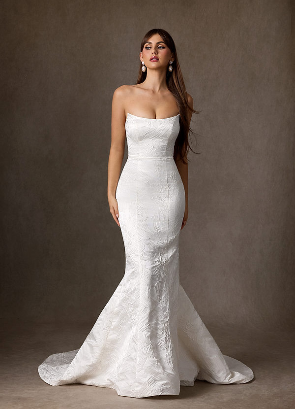 Azazie Nahara 웨딩드레스 인어 스트랩리스 플로럴 자카드 채플 트레인 드레스 image1