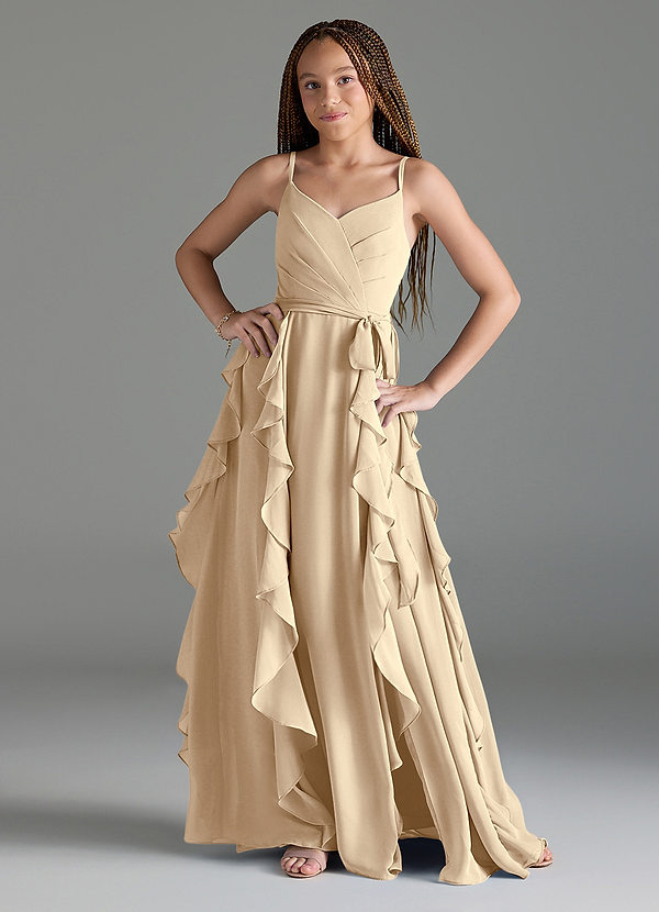 Azazie Peyton Junior Champagne A-Line V-Neck Cascading Ruffles Chiffon Dress image1