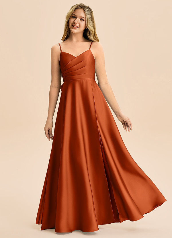 Azazie Rumi Junior Linia A Pofałdowany Satyna elastyczna Długość podłogi Młodsza druhna Sukienka image1