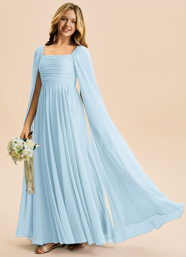 Azazie Calista Junior Vestido Céu Azul de Chiffon de Linha A com Plissado image1