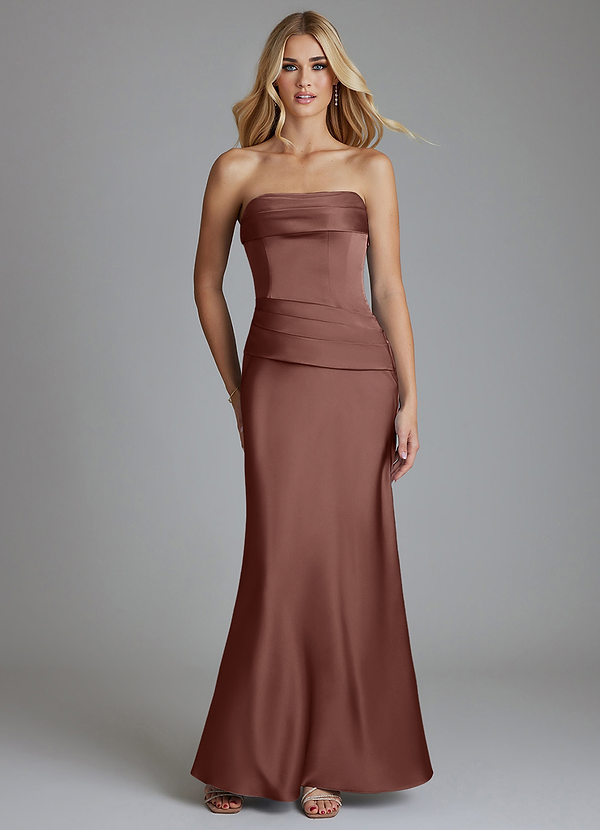Azazie Lenya Bridesmaid Dresses Espresso Sheath Pleated Stretch Satin Dress image1