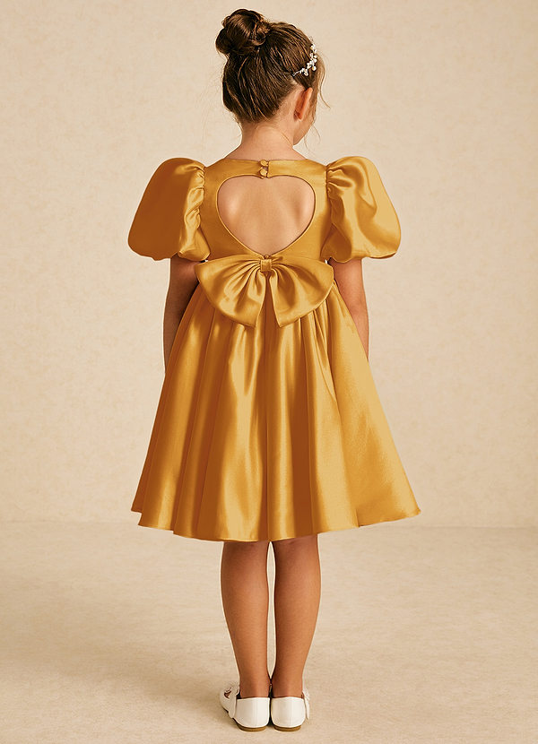 Azazie Muffin Flower Girl Dresses Butterscotch A-Line with Sleeves Matte Satin Dress image1