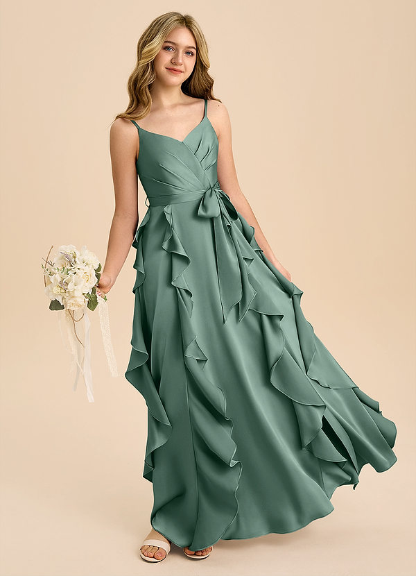 Azazie Peyton Junior Eucalyptus A-Line Pleated Stretch Satin Dress image1