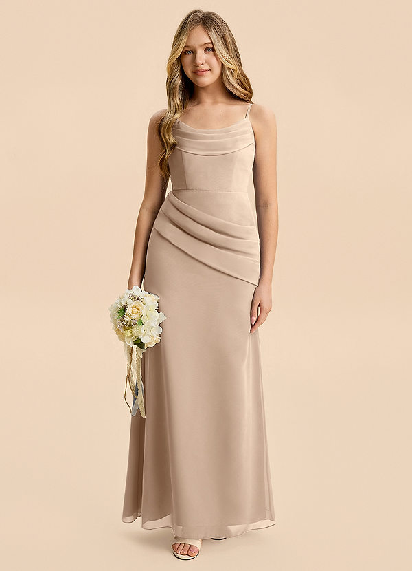 Azazie Nettie Junior Taupe A-Line Pleated Chiffon Dress image1