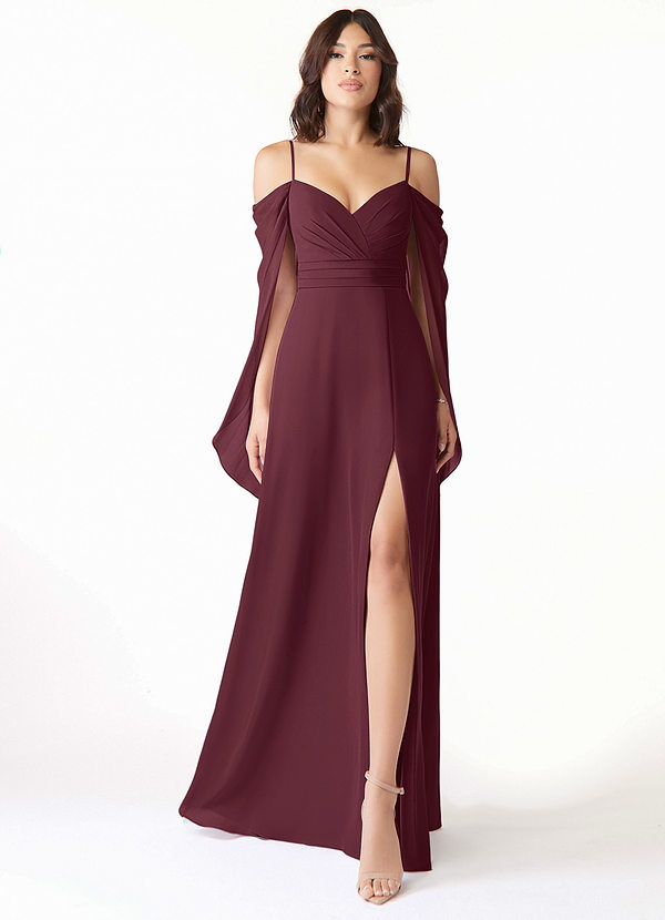 Azazie Cienna Bridesmaid Dresses Cabernet A-Line Off the Shoulder Chiffon Dress image1