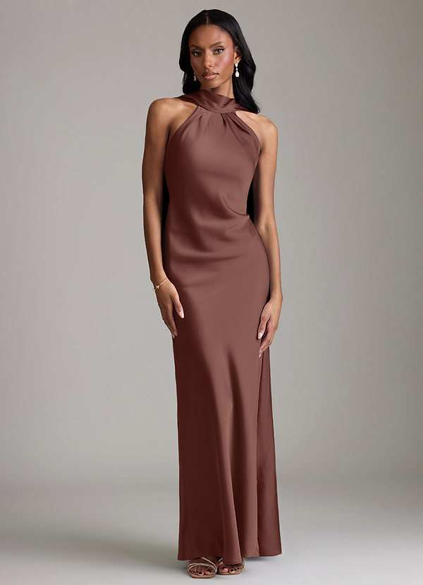 Azazie Cassiana Bruidsmeisjes Jurken Jurk van Stretch Satijn met Zeemeermin Geplooid Espresso image1