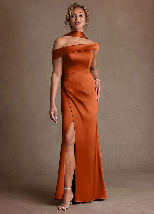 Azazie Kamala Mother of the Brides Dresses Burnt Orange Sheath One Shoulder Stretch Satin Dress image1