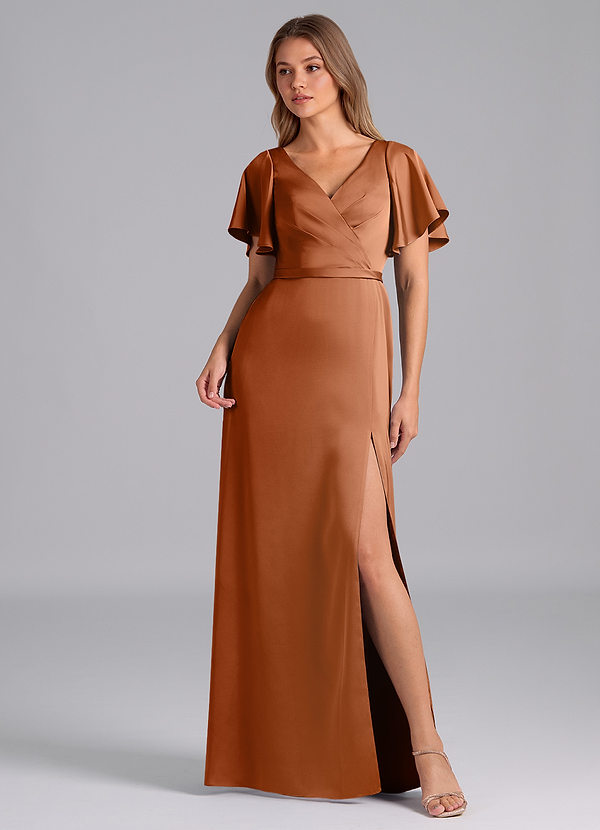Azazie Ambrosia Bridesmaid Dresses Copper A-Line Pleated Stretch Satin Dress image1