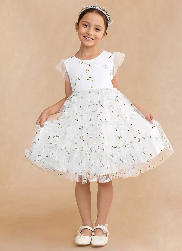 Azazie Alisia Flower Girl Dresses Ivory A-Line Pleated Tulle Dress image1