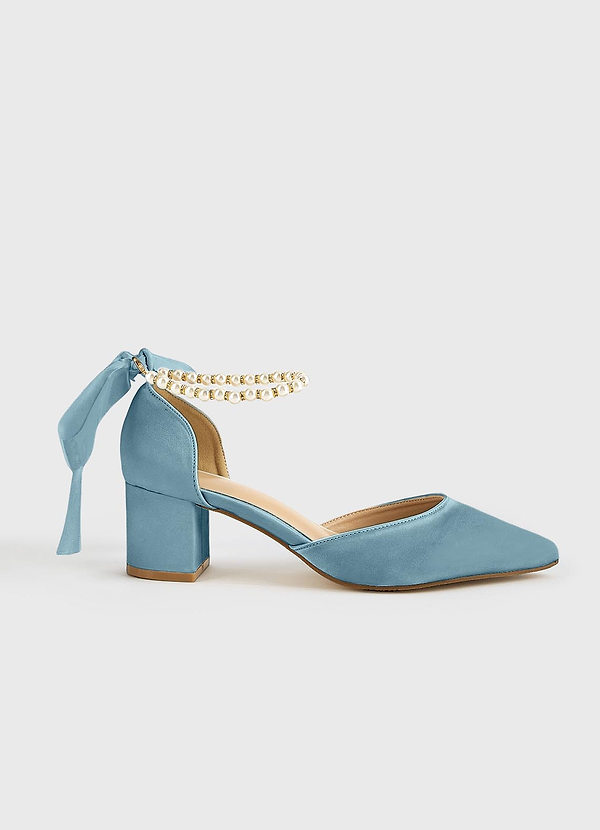 front Matching Color Matte Satin Pearl and Bow Pointed Toe Block Heels