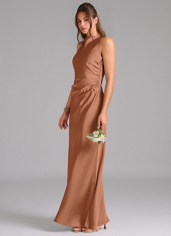 Azazie Evadne Vestidos Dama de Honor Vestido de Bronceador de Satén Elástico de Corte en A con Plisado image1