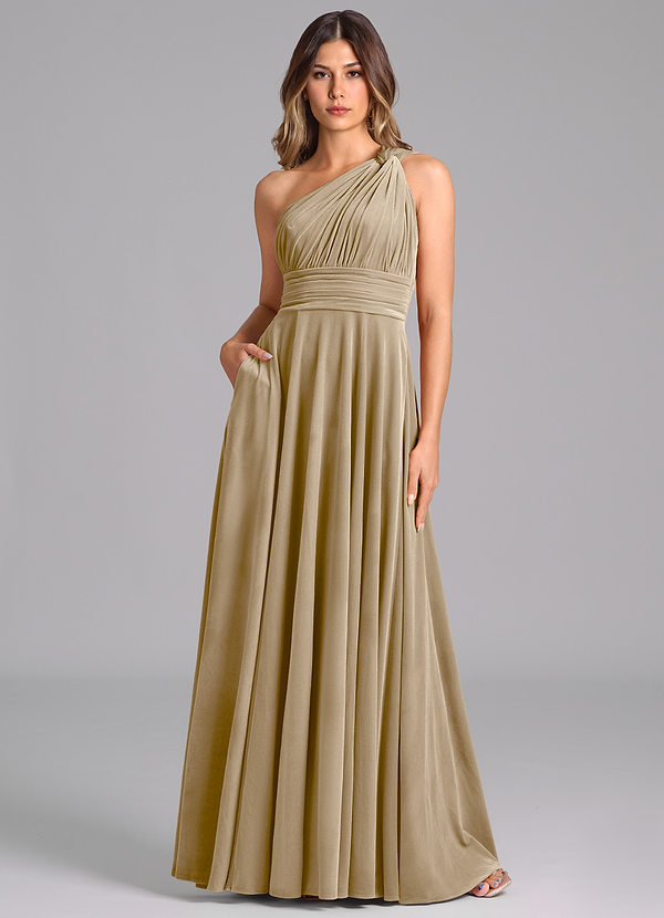 Azazie Charlize Bridesmaid Dresses Golden Tan A-Line One Shoulder Velvet Dress image1
