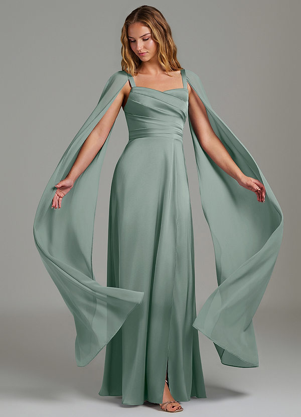 Azazie Niveah Brautjungfernkleider Wandelbar A-Linie Schulterfrei Stretch-Satin Kleid Silberner Salbei image1