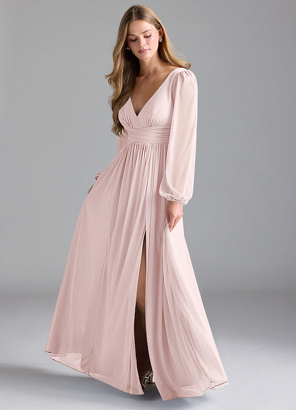 Azazie Norah Bridesmaid Dresses Blushing Pink A-Line Mesh Dress image1