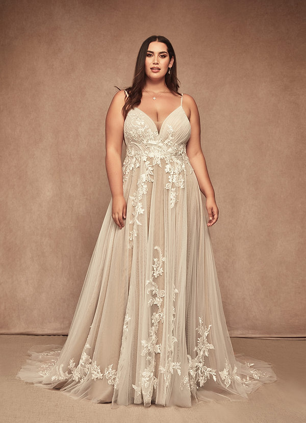 Azazie Rhodes Wedding Dresses Diamond White Champagne A-Line V-Neck Sequins Tulle Dress image1