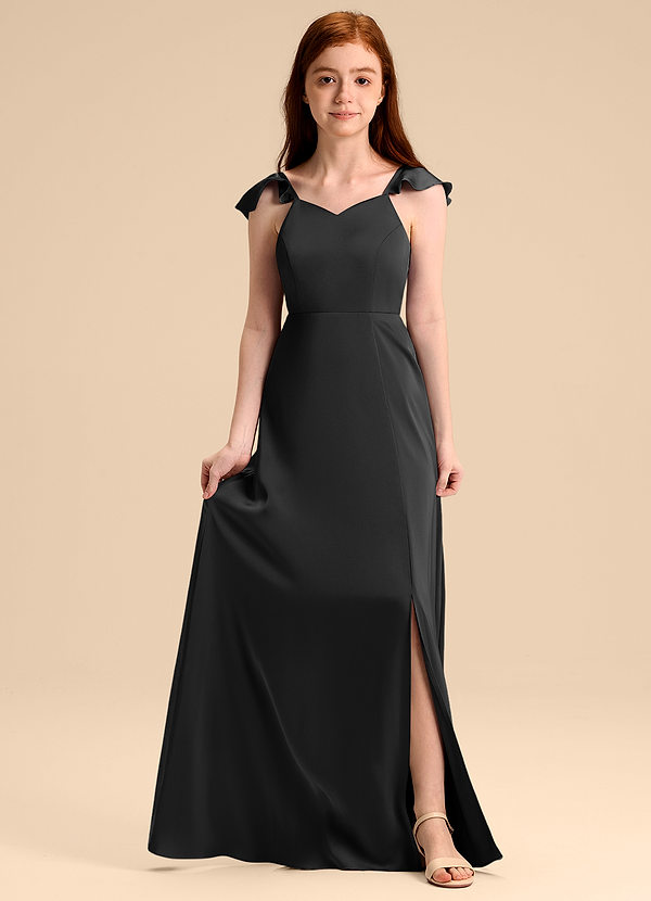 Azazie Everett Junior Robe Trapèze en Satin extensible Arc Noir image1