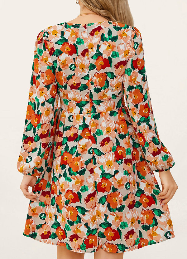 back Harlem Orange Floral Print Long Sleeve Mini Dress