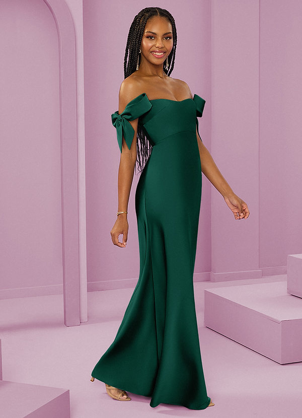 Barbie ♥ Azazie Bridesmaid Dresses Emerald Sheath Off the Shoulder Stretch Satin Convertible Dress image1