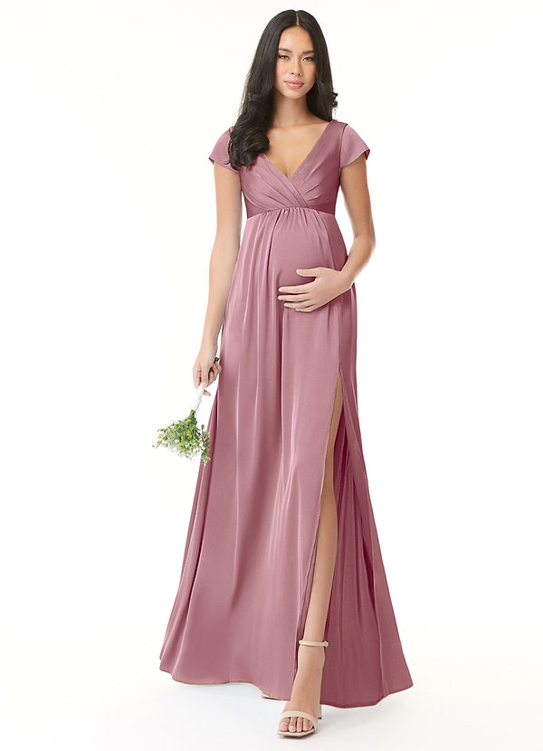 Azazie Allessia Maternity Bridesmaid Dresses A-Line Pleated Stretch Satin Floor-Length Dress image1