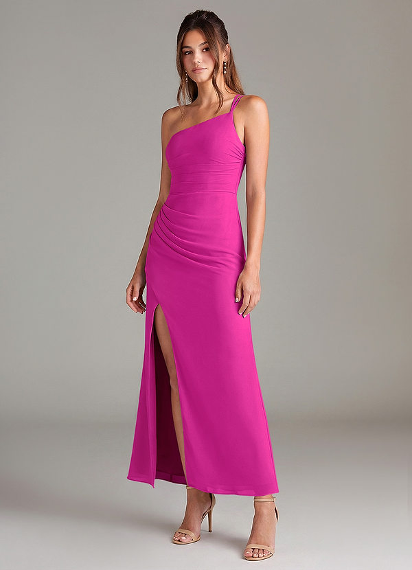 Azazie Eren 신부 들러리 드레스 인어 한쪽 어깨 쉬폰 발목 길이 드레스 image1