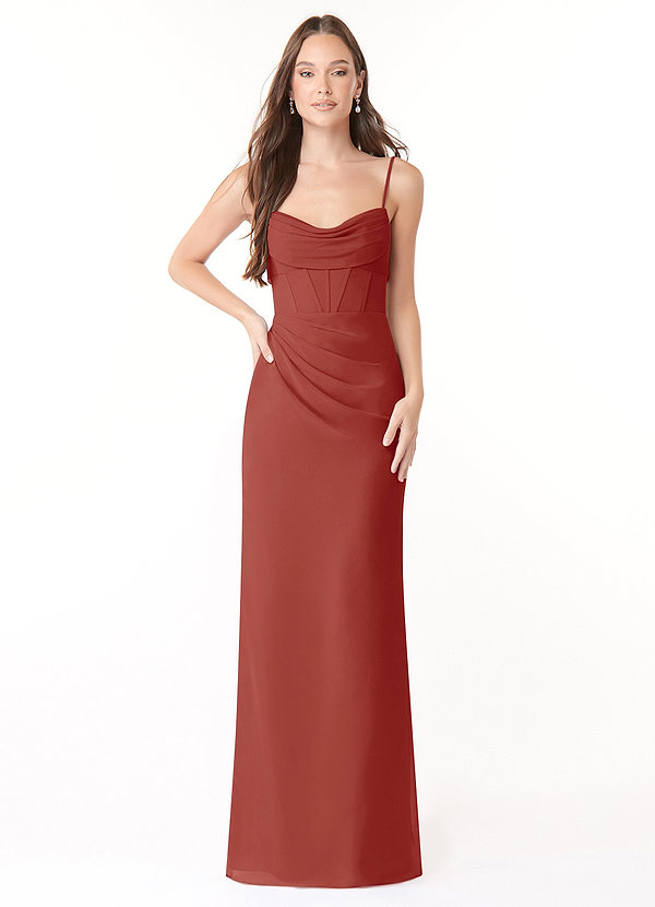 Azazie Mai Bridesmaid Dresses Terracotta Sheath Pleated Chiffon Dress image1