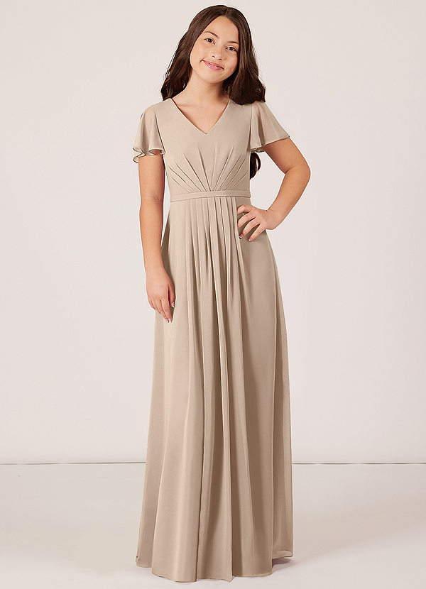 Azazie Peony Junior Robe Trapèze en Mousseline de soie Plissée Taupe image1