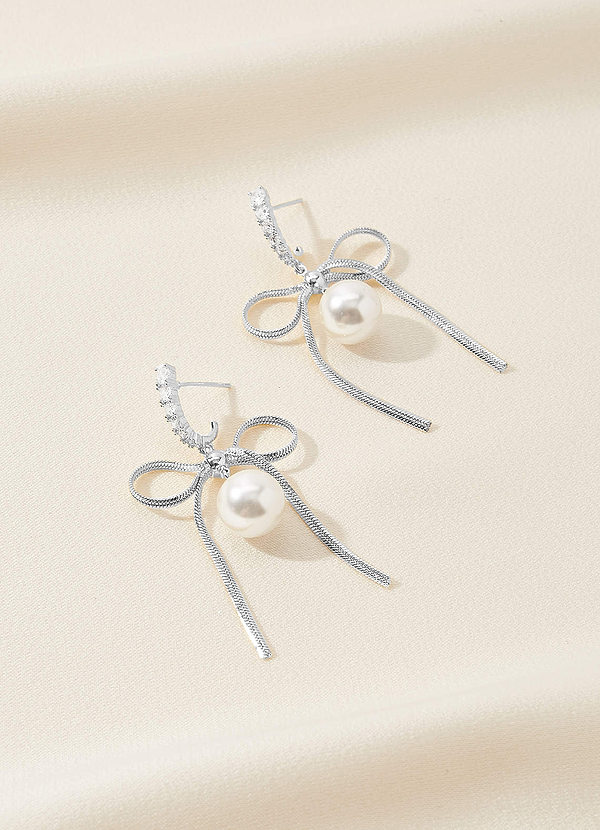 front Bow and Pearl Dangle Earrings