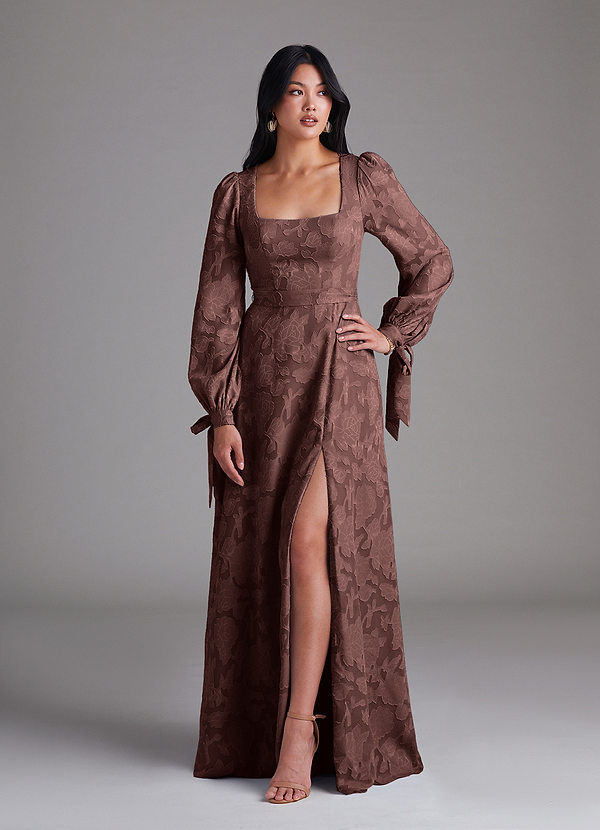 Azazie Leonia Brautjungfernkleider A-Linie Langarm Blumen-Burnout Kleid Espresso image1