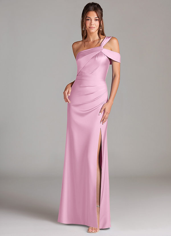 Azazie Wynter Vestidos Dama de Honor Vestido de Rosa Caramelo de Satén Elástico de Corte Recto con Hombro unilateral image1