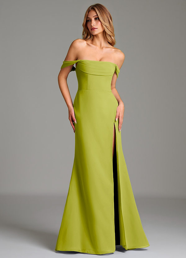 Azazie Riley Robes Demoiselle d'honneur Robe Fourreau Convertible en Mousseline de soie Épaule décolletée Citronnelle image1