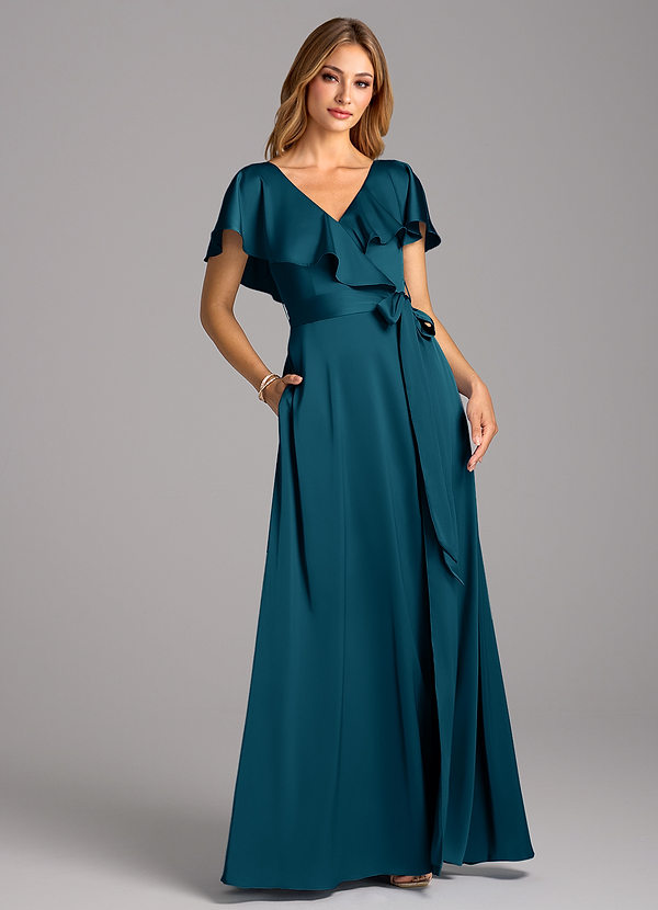 Azazie Lainey Robes Demoiselle d'honneur Robe Trapèze en Satin extensible avec poches Bleu Encre image1