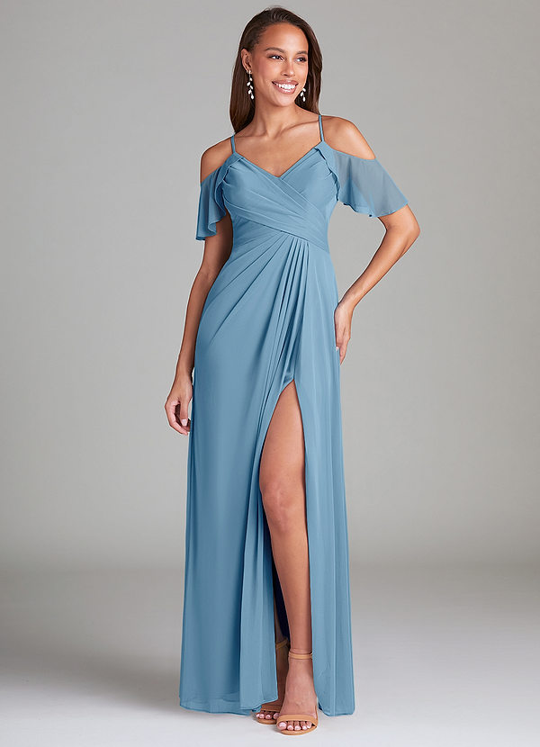 Azazie Dakota Bridesmaid Dresses Steel Blue A-Line Off the Shoulder Mesh Dress image1